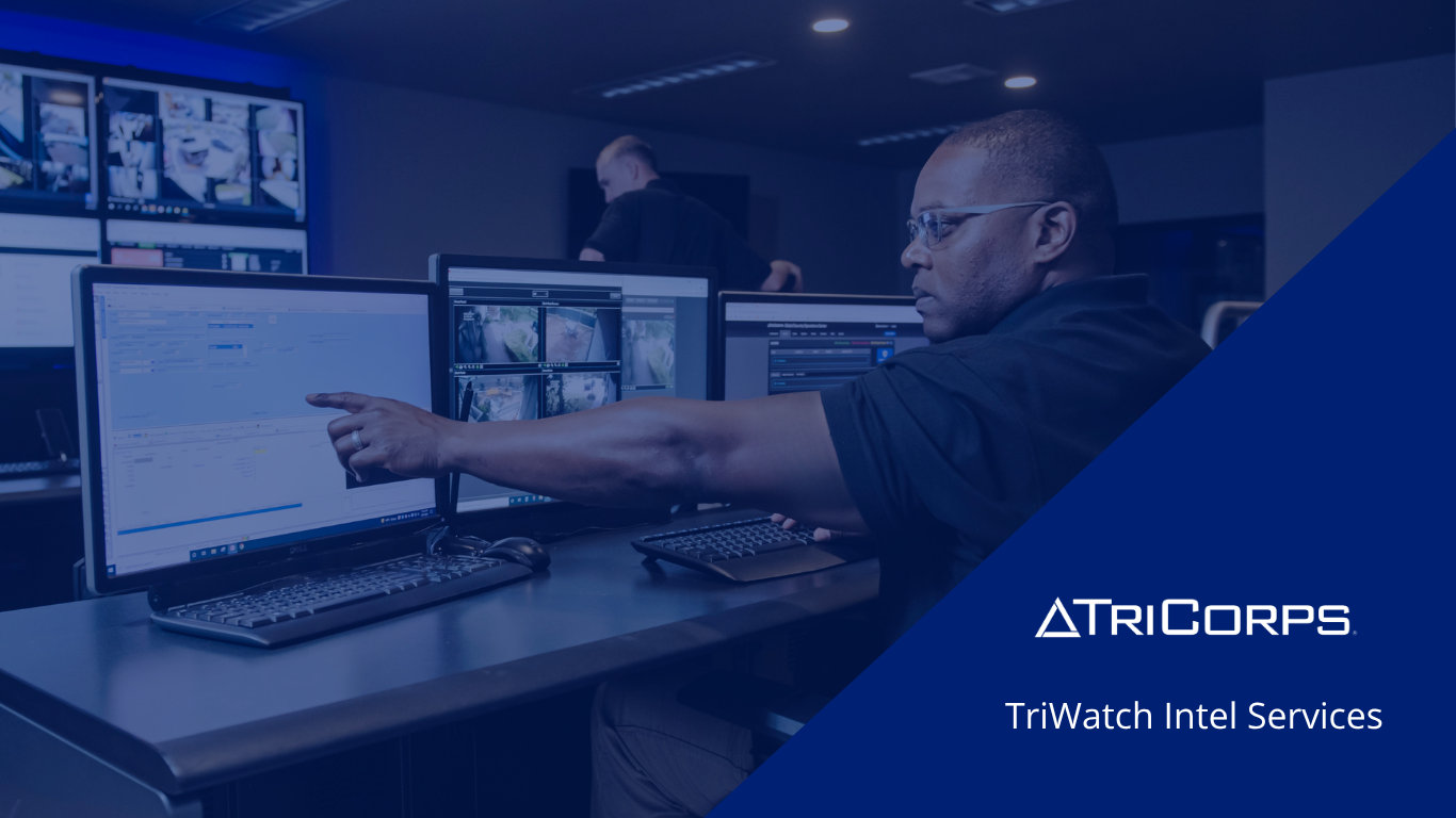 Staff member points at multiple monitors in a blue-tinted control room, with TriCorps TriWatch Intel Services branding.